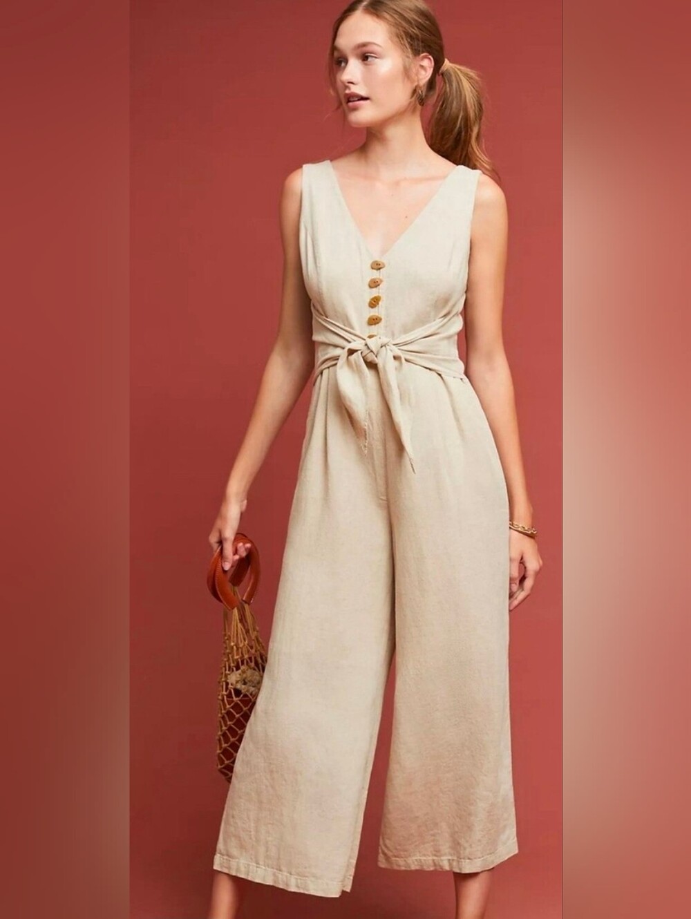 Maeve Sleeveless V-Neck Tie-Waist Linen Jumpsuit in Beige Size 6